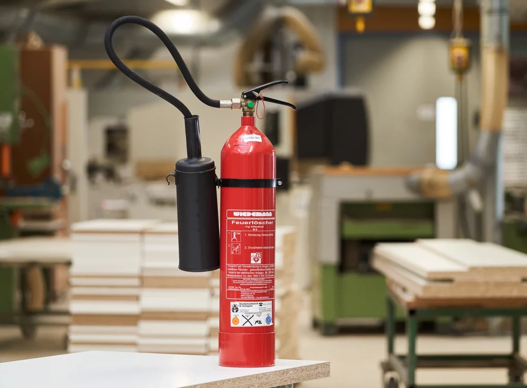 Feuerlöscher steht auf einer Holzplatte in einer Werkstatt.