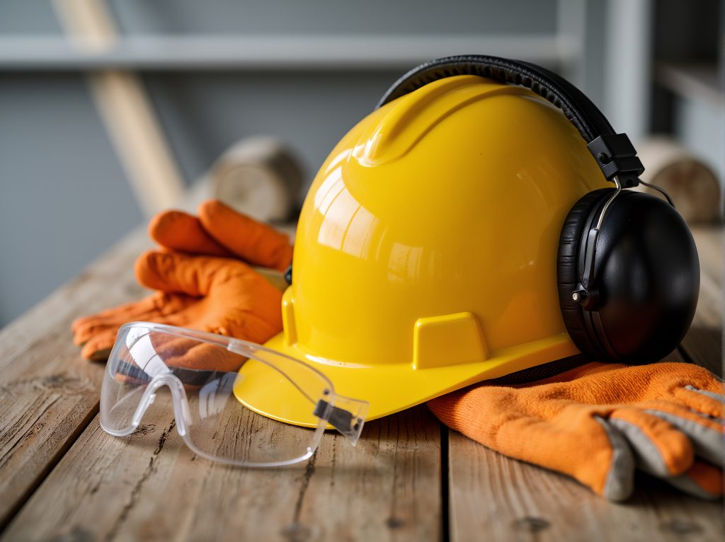 standard construction safety equipment wooden table personal protective equipment set